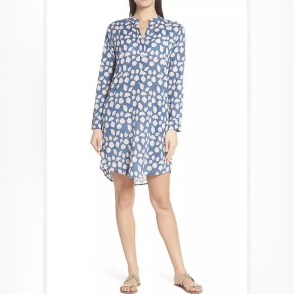 Roller Rabbit (M) Cora Mercury Blue Seashell Split Neck Long Sleeve Mini Dress - Picture 1 of 6
